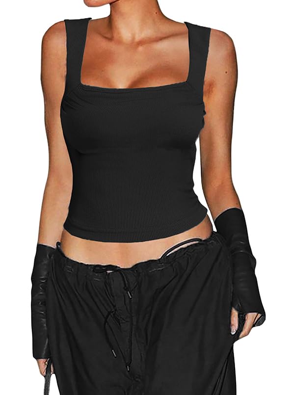 Photo 1 of *USED* Allytok Cropped Tank Tops for Women Y2K Summer Square Neck Sleeveless Strappy Ribbed Top X-Small Black