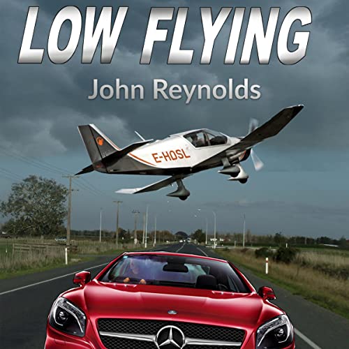 Low Flying audiobook cover depicting a red mercedes on a runway and a one person plane flying above it on the tarmac