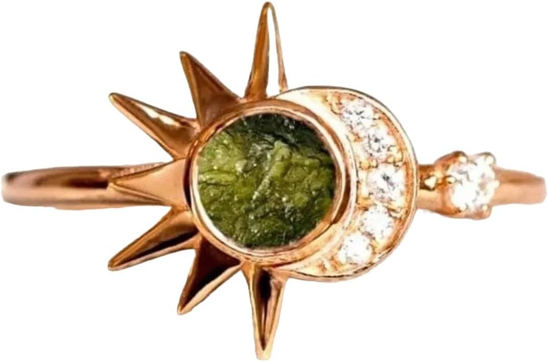 Natural Raw Moldavite Ring Sun and Moon Ring Engagement Ring Women Ring 925 Sterling Silver Rough Moldavite Ring Crescent Moon Ring Gift For Her