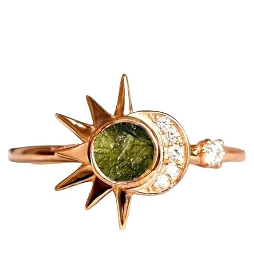 Natural Raw Moldavite Ring Sun and Moon Ring Engagement Ring Women Ring 925 Sterling Silver Rough Moldavite Ring Crescent Moon Ring Gift For Her - Gold - 7