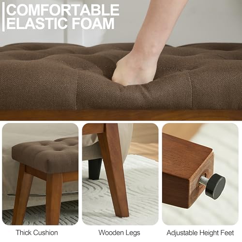 Image of WUTUTUEE 43.5'' Linen Bedroom Bench, Upholstered End of Bed Bench with Tufted Button, Padded Vintage Dining Bench, Entryway Bench with Solid Wood Legs, Kitchen, Living Room, Hallway, Brown Tufted