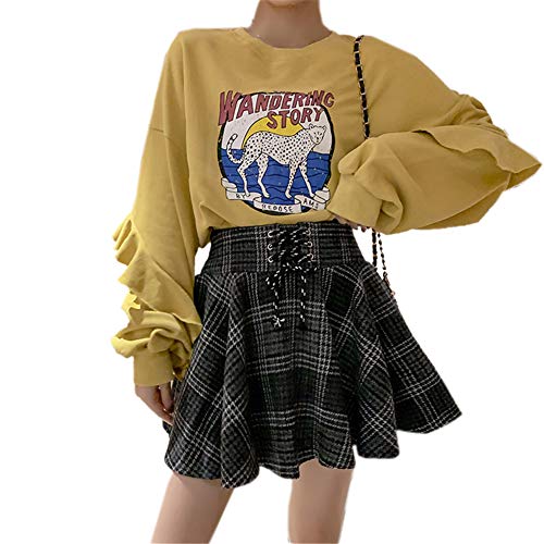 Women's High Waisted A-line Gothic Skirt Short Flare Mini Black Red Plaid Skirt