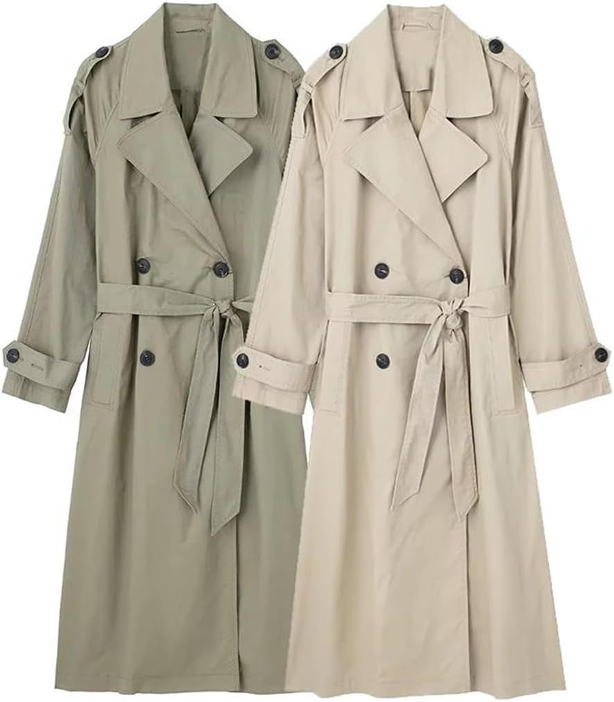 Women's Solid Double Breasted Vintage Lapel Belted Casual Trench Coat