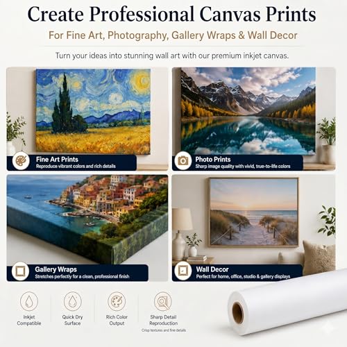 Image of PolyCotton Matte Inkjet Canvas Roll for Wide Format Printers, Quick Dry Cotton Blend Printable Canvas for Fine Art, Photography, Giclee, Gallery Prints and Wall Art Printing.(420gsm, 24 inch x 66')