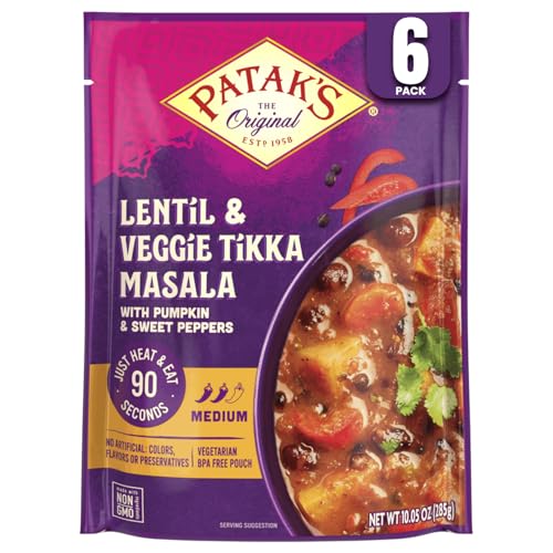Image of Patak's Lentil & Veggie Tikka Masala - Vegetarian Indian Curry w /Lentils, Beans, Pumpkin, Sweet Potatoes & Vegetables - Ready-to-Eat Microwaveable Meal - Serve with Rice or Naan - 10.5oz (Pack of 6)