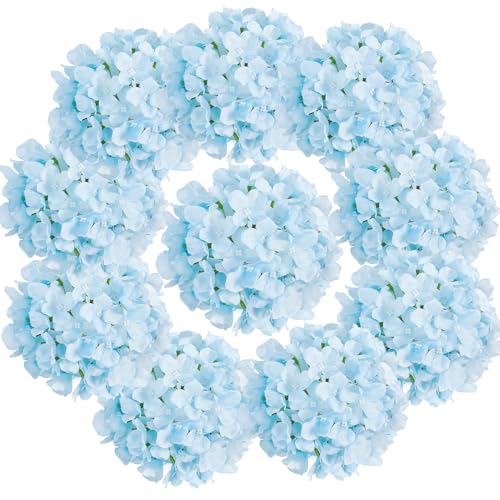 Auihiay 10 flores artificiales de hortensias, flores azules sintéticas para centros de mesa de boda, ramos de bricolaje, despedida de soltera, decoración floral del hogar con tallos (jarrón no