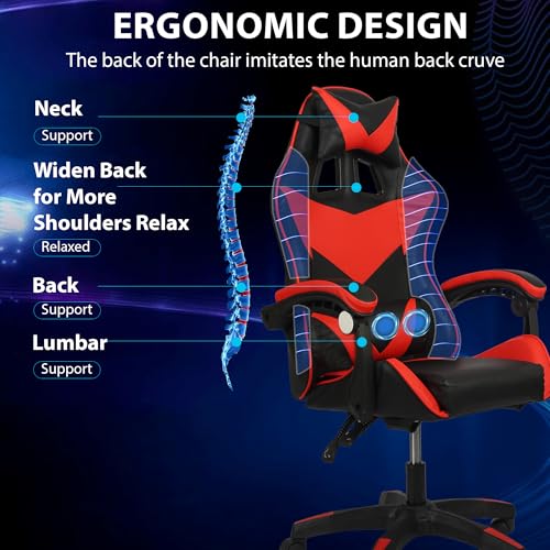 COZYBRITE Gaming Chair Office Desk Computer Chairs Swivel with Massage Headrest Back Support Reclining Ergonomic Design Faux Leather (Black+Red) - Image 6