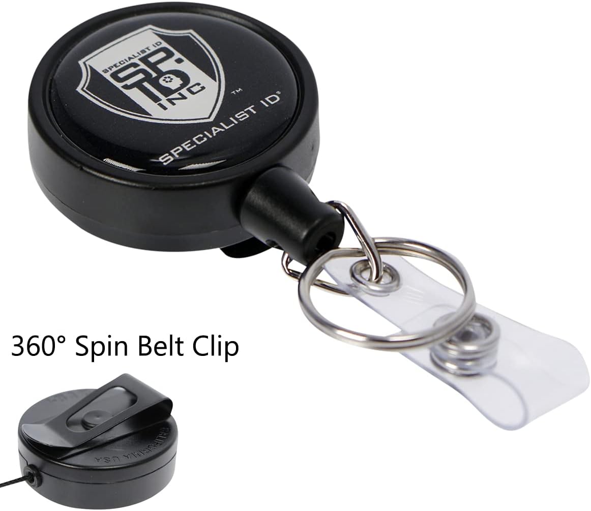 5 Pack - Heavy Duty Retractable I'd Badge Holder Keychain Reel - Strong Polycarbonate Plastic Case w/Metal Swivel Belt Clip, Key Ring & Vinyl Strap for Multiple Keys & Badges by Specialist ID (Black)