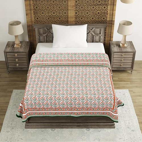 Image of BLOCKS OF INDIA Hand Block Printed Cotton Single Size Reversible Malma Dohar for Summer (Red Green Jaal, 200 Tc)