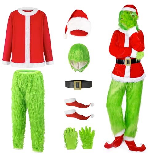 ATESMO 9PCS Christmas Green Monster Costume for Men, Adult Santa Costume with Mask, Coat, Belt, Gloves, Pants, Socks
