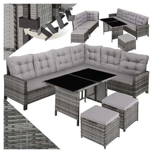 TecTake® Conjunto Jardín de Ratán con Mesa y Cojines, Conjunto Terraza Resistente a Rayos UV y Combinable, Muebles Jardín Exterior 5 Piezas, Sofá de Esquina, 2 Taburetes y 1 Mesa, Acero - Gris