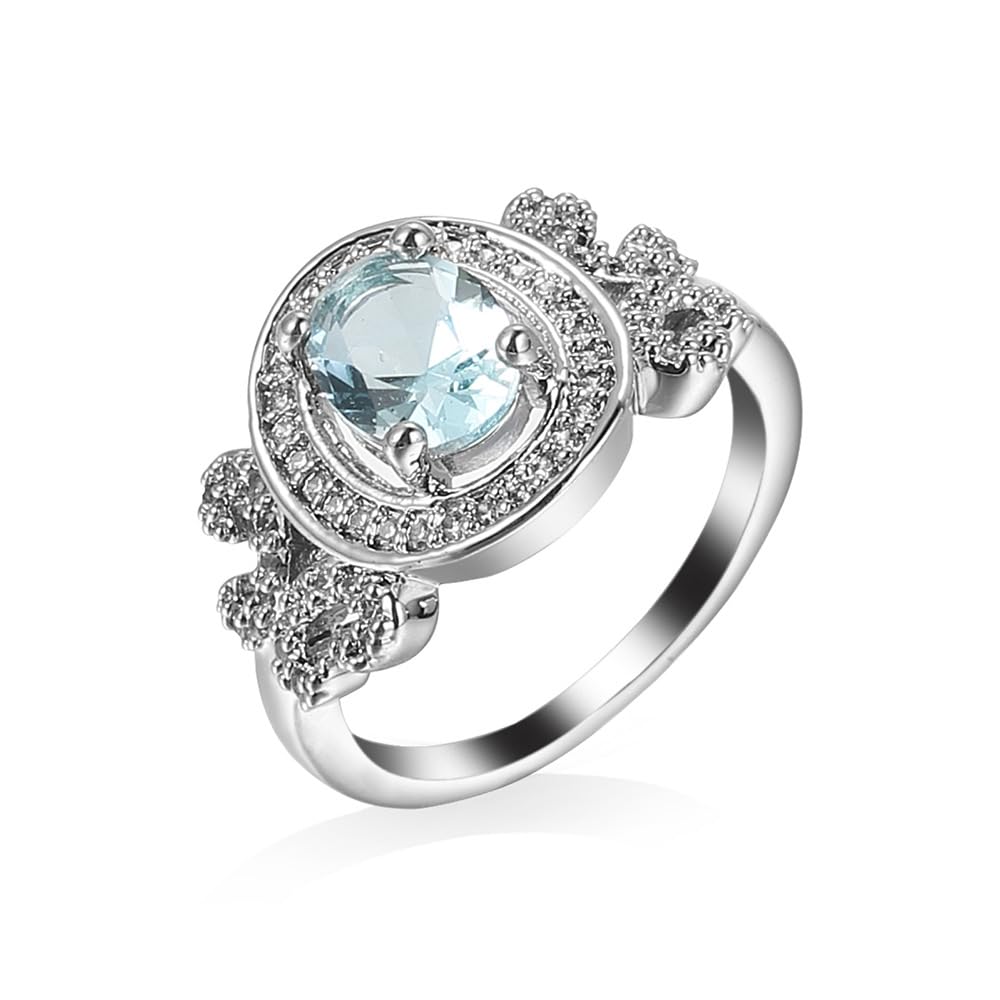 Emsione Silver Plated Light Blue Cubic Zirconia Oval CZ Cut Halo Eternity Anniversary Wedding Engagement Party Ring for Women Men Size 7
