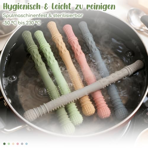 ORAGKE Beißröhrchen Zahnungshilfe Baby BPA-frei, 6 Stück Silikon Kaustange Baby Zahnen, Beißstange mit 2 Reinigungsbürsten, Beißstab Zahnen Hilfe, Beißring Beißspielzeug ab 3 Monate, Spülmaschinenfest