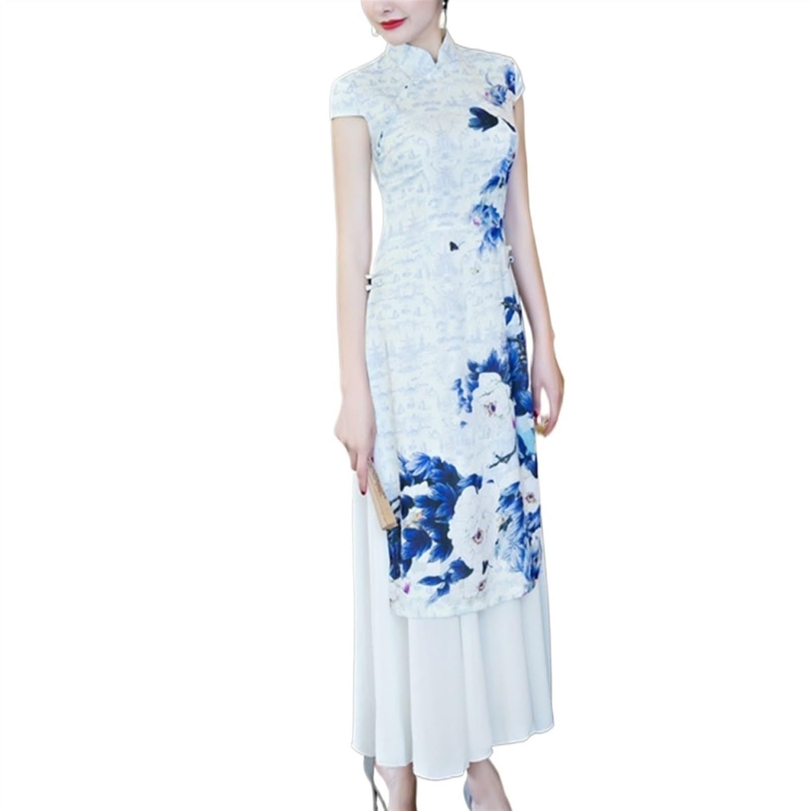 Vintage Ulepszenia Wietnamska Sukienka Ao Dai Lato Długa Podwójna Warstwa Rozcięcie Ao Dai Cheongsam Ubrania dla Mam Wybieg Qipao Poliester(3XL)