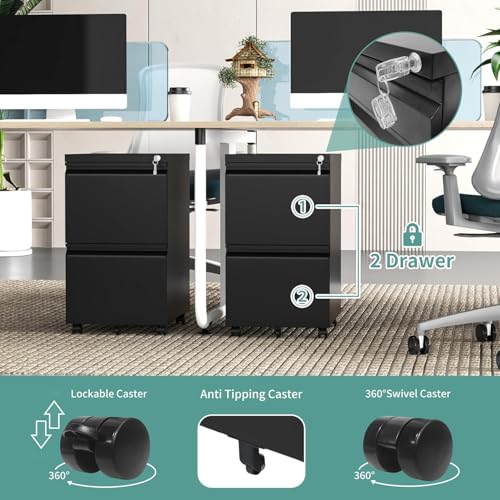 Image of Guizeeopo 2 Drawer Locking File Cabinet, Fully Assembled Heavy-Duty Metal Filing Cabinets for Home Office, Quiet Slides, Anti-Tipping Wheels, Fits A4 /Letter /Legal, Matte Black