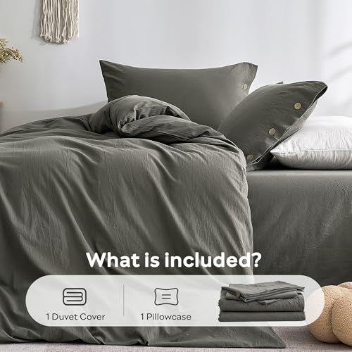 Image of JELLYMONI 100% Washed Cotton Duvet Cover Twin - Soft, Breathable Linen-Look Bedding with Natural Wrinkle Texture, Button Closure, 2-Piece Set (Dark Grey, 68 inchx90 inch)
