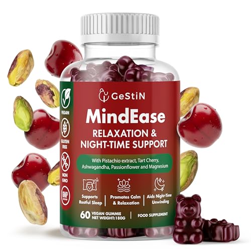 MindEase - Sleep Aid Gummies for Adults | with Pistachio Extract (Natural Melatonin), Tart Cherry & Magnesium | Relaxation, Stress & Anxiety Relief | Vegan, Sugar Free | 60 Gummies | Cherry Flavour