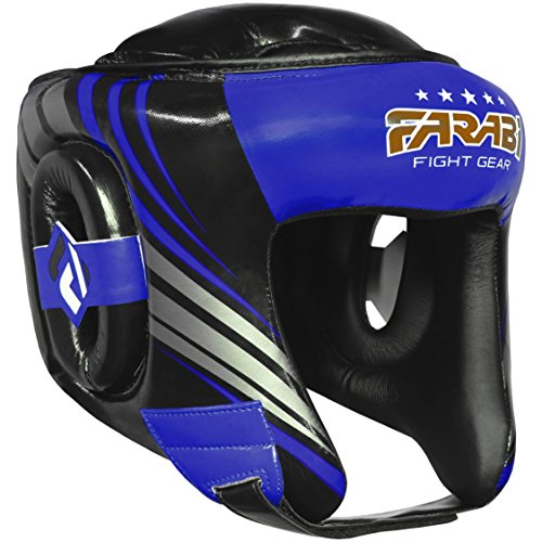 Farabi Sports Boxing Headgear - MMA Headgear for Sparring, Kickboxing, Karate Training Muay Thai and Martial Arts (Black/Blue, L)