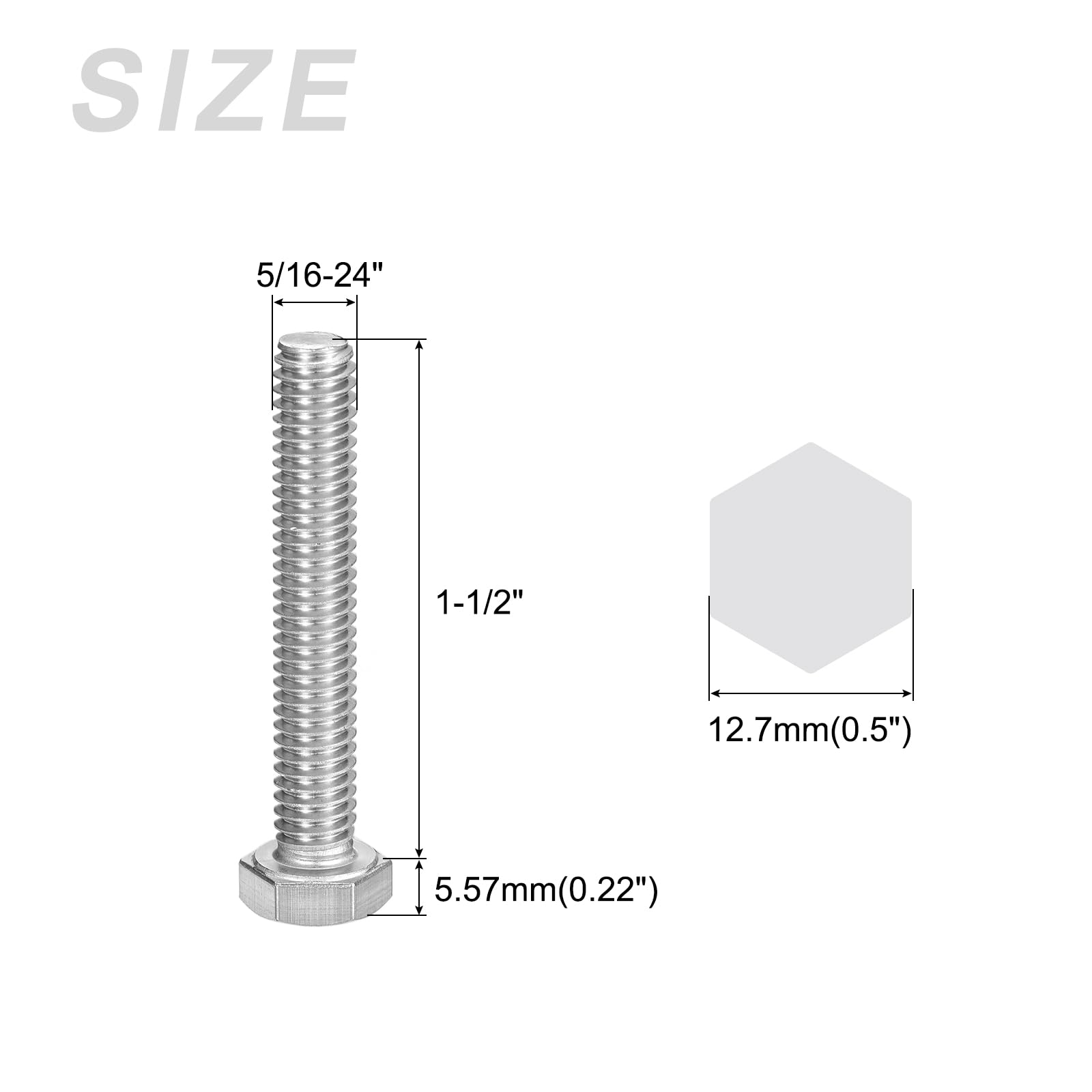 METALLIXITY Hex Head Bolts (5/16-24 x 1-1/2") 6Pcs, 304 Stainless Steel 18-8 Fully Threaded, External Hex Drive, Plain Finish - Image 2
