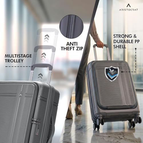 Image of Aristocrat Solana Check-in Trolley Bag 65cm | Medium | Hard Luggage | 8-Wheel Suitcase with Front Opening for Business Travel | TSA Lock with Anti-Theft Zipper | 3 Years International Warranty (Grey)