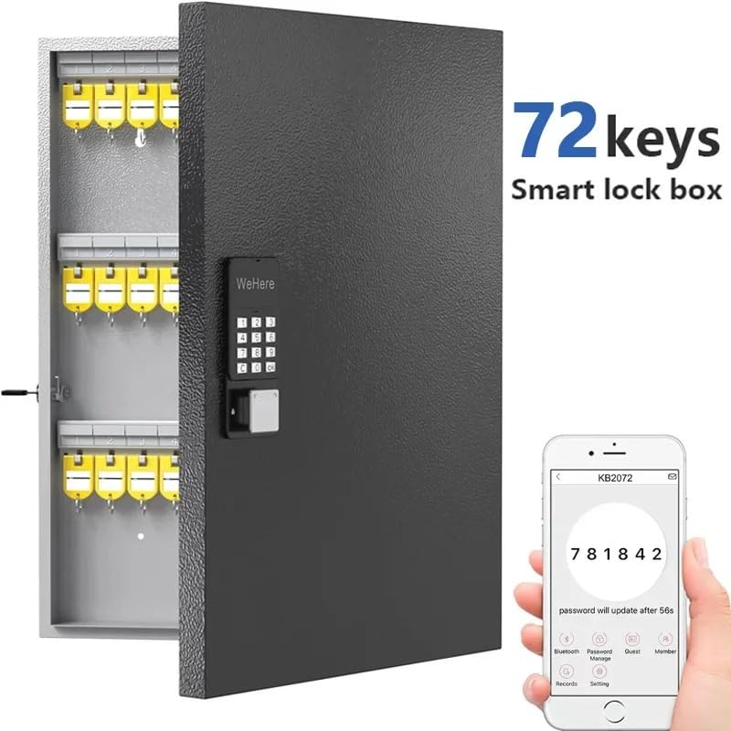 Caja Fuerte, Caja de seguridad con 72 llaves WeHere, armario de almacenamiento de llaves inteligente montado en la pared, caja de seguridad con gestión de llaves con desbloqueo por Bluetooth/código fi