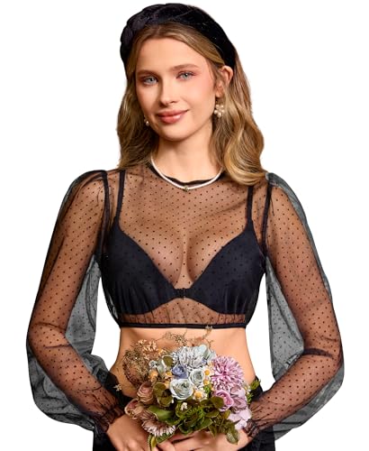 DIRNDLSTERN Bluse Damen Langarm Dirndlbluse Transparent mit Punkten Trachtenbluse Puffärmel für Oktoberfest & Bayerische Schwarz 40