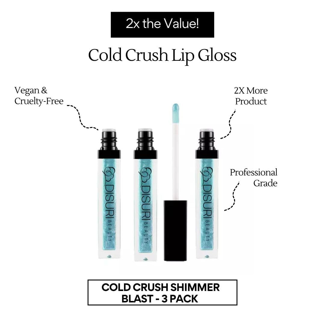 DISURI Beauty Pack of 3 Shimmer Lip Gloss for Girls & Women – Non-Sticky Lip Glosses 2.1 FL Oz Total (0.7 FL Oz Each) - High Shine Lip Gloss - Cruelty Free - (Cold Crush Collection)