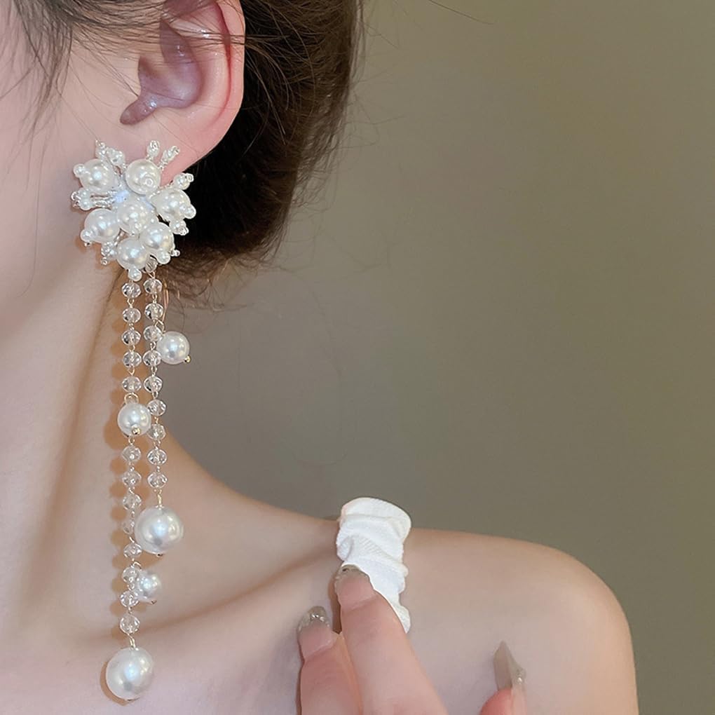 White Pearl Cluster Long Tassel Drop Dangle Earrings for Women,Gentle Handmade Pearl Beaded Fringe Hanging Earrings,Charm Wedding Jewelry Gifts - Image 3