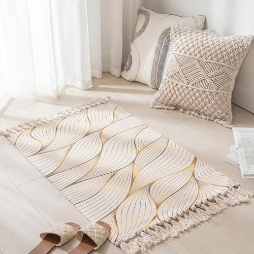 Boho-Teppiche für Wohnzimmer, kleine gewebte Baumwollteppiche mit Quaste, 60 x 90 cm, Vintage-Bauernhaus-Überwurf, waschbar, Küche, Badezimmer, Schlafzimmer, Waschküche, Eingangsbereich, Innenbereich