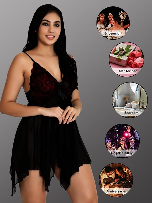 Image of Babydoll Lace Nighty with Adjustable Straps Above Knee V Neck S-3XL