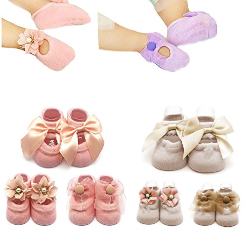 Image of Sywwlov 6Pairs Non-skid Baby Girls Lace Jane Socks Newborn Toddler Cotton Flower Bowknot Walker Socks 0-18M