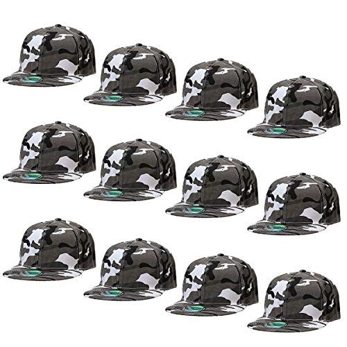 Falari Wholesale 12 Pack Snapback Hat Cap Hip Hop Style Flat Bill Blank Solid Color Adjustable Size, 12-pack Gray Camouflage, One size