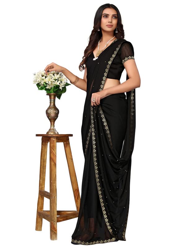 Image of SIRIL Women's Lace & Peral Work Lycra Saree with Unstitched Blouse Piece(2739S251 Black1)