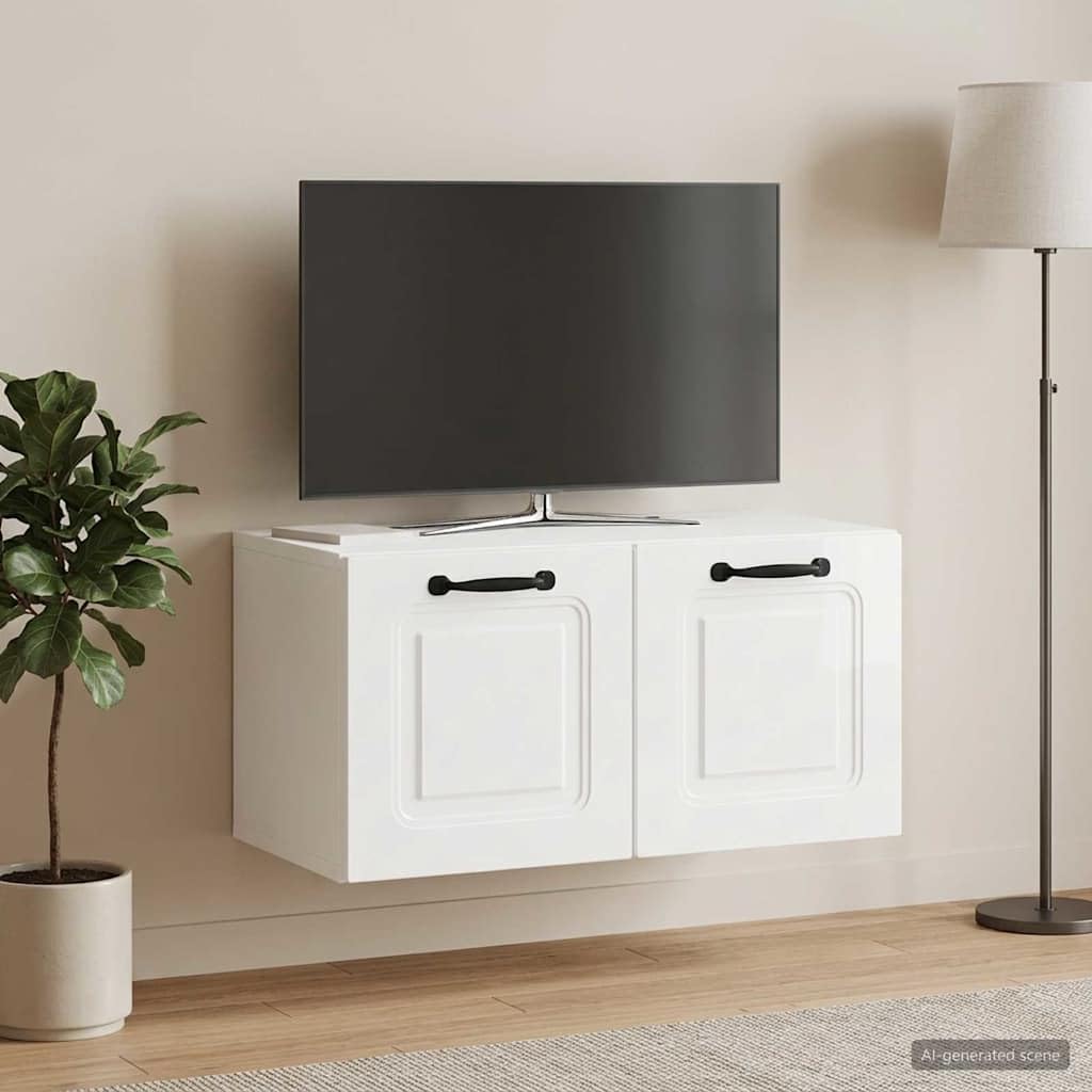 Mobile Porta TV da Muro Bianco Lucido in Legno Ingenerizzato 59,5 x 31 x 30 cm con Scomparti e Ripiani, Supporto TV Sospeso per Soggiorno, Consolle Salvaspazio con Passacavo e Anta