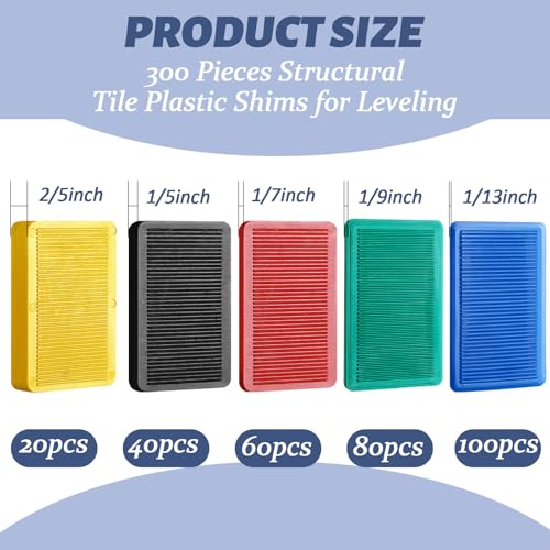 Image of Pangda 300 Pieces Structural Tile Plastic Shims for Leveling 1 /13'', 1 /9'', 1 /7'', 1 /5'', 2 /5'' Plastic Flat Furniture Shims for Toilet Door, Yellow Red Black Green and Blue