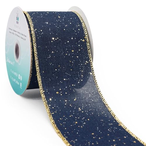 CT CRAFT LLC Blue Burlap Fabric Confetti Glitter Wired Ribbon 2.5