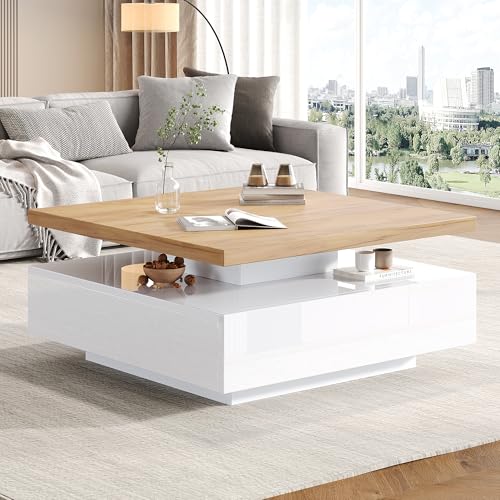 OKMYHOME Table Basse rotative - Table Basse rotative carrée 360° avec tiroirs et Rangement, Meuble Multifonctionnel en Panneau de Particules, Blanc + Noyer,...