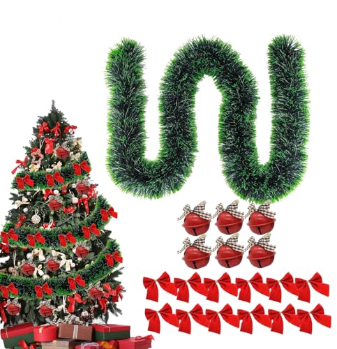Onlvmyur 10M Guirnalda de Navidad Artificial Guirnaldas Navideñas Guirnaldas de Oropel con Lazo y Campanas Decoraciones para Navidad Fiesta (Verde Oscuro)