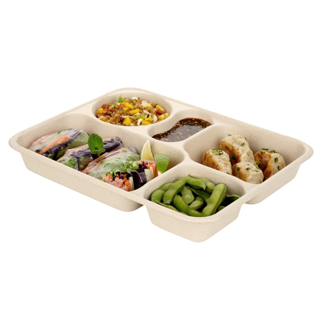 Restaurantware Pulp Tek - Recipientes de 1,219.0 g para llevar, 100 recipientes sostenibles, tapas se venden por separado, 5 compartimentos, platos de bagazo hechos de fibras de caña de azúcar, aptos