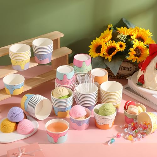 Image of Boao 100 Set 5 oz Ice Cream Cups with Spoons Disposable Paper Sundae Dessert Bowls Summer Party Supplies (Confetti Style)