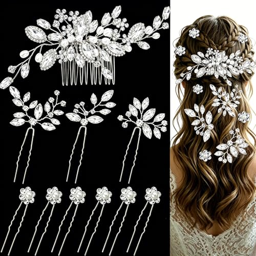10 Pcs Silver Bridal Hair Pins Crystal Pearl Wedding Hair Combs, Rhinestone Hair Clips for Brides, Bridesmaids, Prom