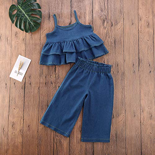 2PCS Baby Girls Denim Outfit Sets Sleeveless Spaghetti Strap Layered Ruffles Tank Top + Straight Jeans2