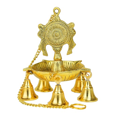Metal Diya Wall Hanging Diya Deepak Oil Lamp with Bell Oxidized White Gold Plated Puja Indian Traditional Housewarming Festival New Year Decoration Pooja Items for Decor (Size: 19