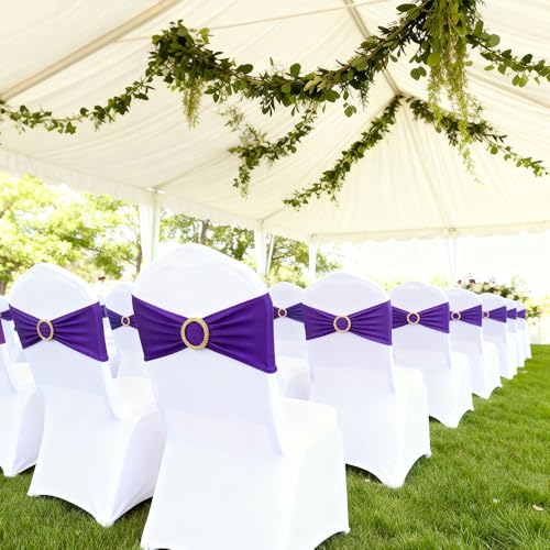Image of Purple Chair Sashes 50 Pack with Gold Buckle Slider, Spandex Chair Bows Bands for Folding Chairs Wedding Party Birthday Decor