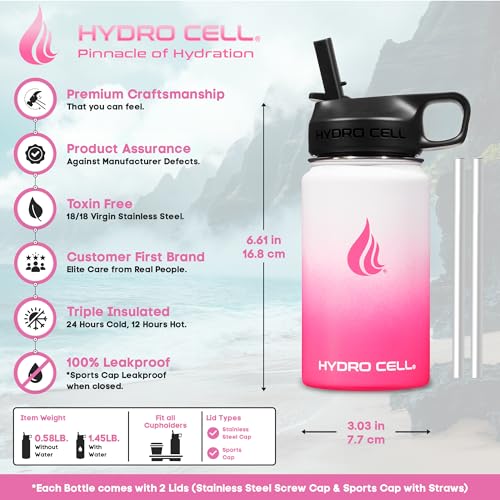 Image of HYDRO CELL Stainless Steel Insulated Water Bottle with Straw - For Cold & Hot Drinks - Metal Vacuum Flask with Screw Cap and Modern Leakproof Sport Thermos for Adults (White /Pink 14oz)
