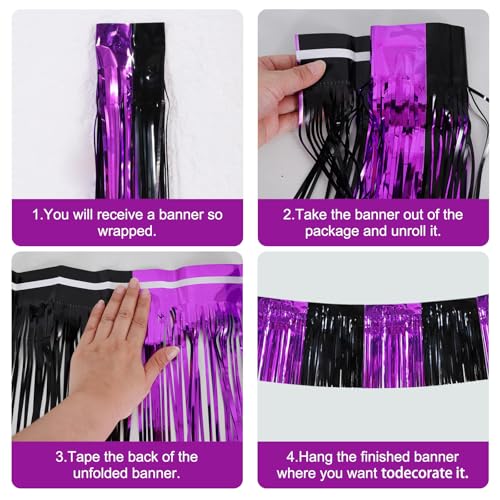 Image of BEISHIDA Black Purple Fringe Garland Banner 30ft Wall Tinsel Foil Streamers | 3Pack,Hanging Shiny tinsel Metallic garland for graduation,Car floats,Bridal shower,Wedding,Birthday,Halloween,Christmas