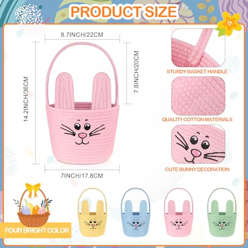 Image of Teenyyou Woven Easter Baskets Woven Bunny Baskets with Handles Eggs Hunt Bucket Rabbit Cotton Rope Basket Baby's First Easter Basket Gift for Toddler Boys Girls(Macaron Pink)