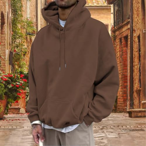 Hooded Sweatshirt Men, Casual Solid Color Drawstring Pullover Hoodies, Fall Drop Shoulder Sweater Loose Fit Fashion Top3