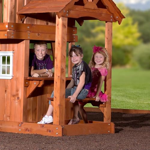 Backyard Discovery Tanglewood Cedar Wood Swing Set with Wave Slide, Clubhouse, Playhouse, Covered Snack Bar Window, Bench, Rock Wall Ladder, Belt Swings, Trapeze, Porch, Step Ladder, Outdoor Playset - image 4