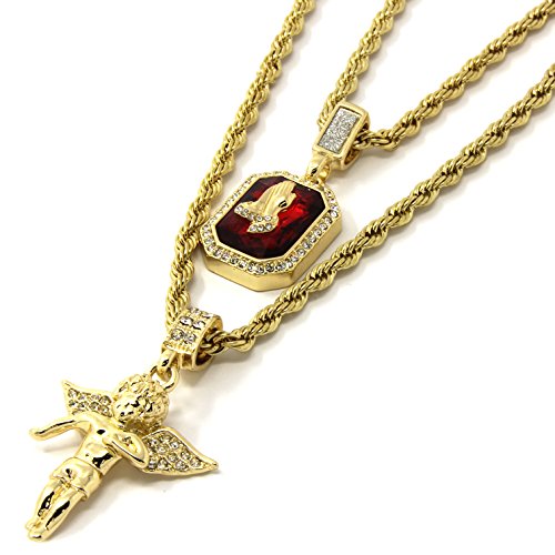 Mens Gold Angel & P Ruby Bundle Set Cz Pendant Hip Hop 24
